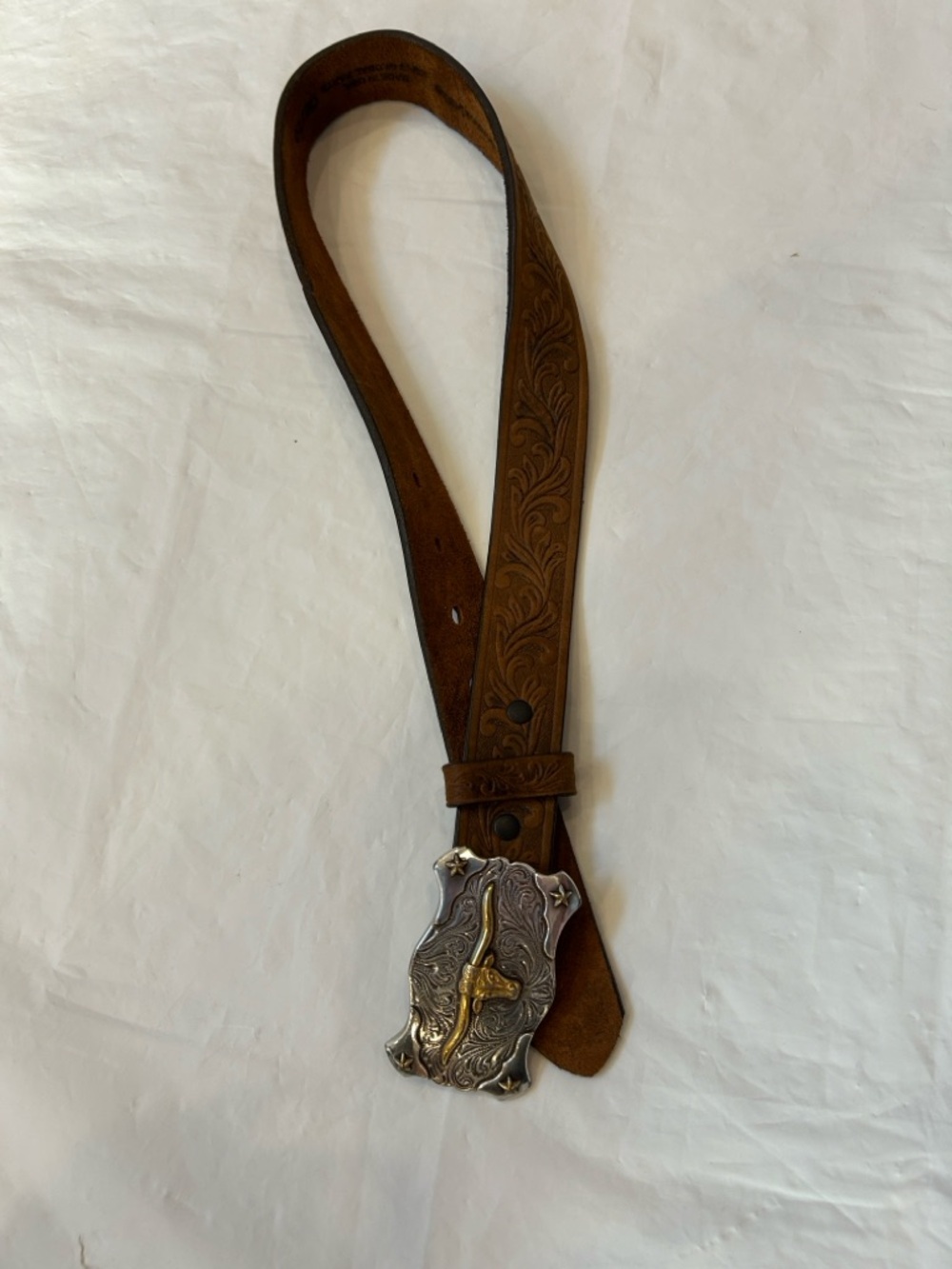 Tony Lama Brown Tooled Leather Belt with Decorative Silver-Tone Buckle
